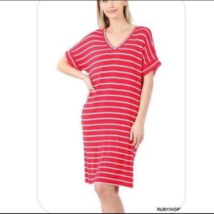 Red and white stripes comfortable dress w/pockets